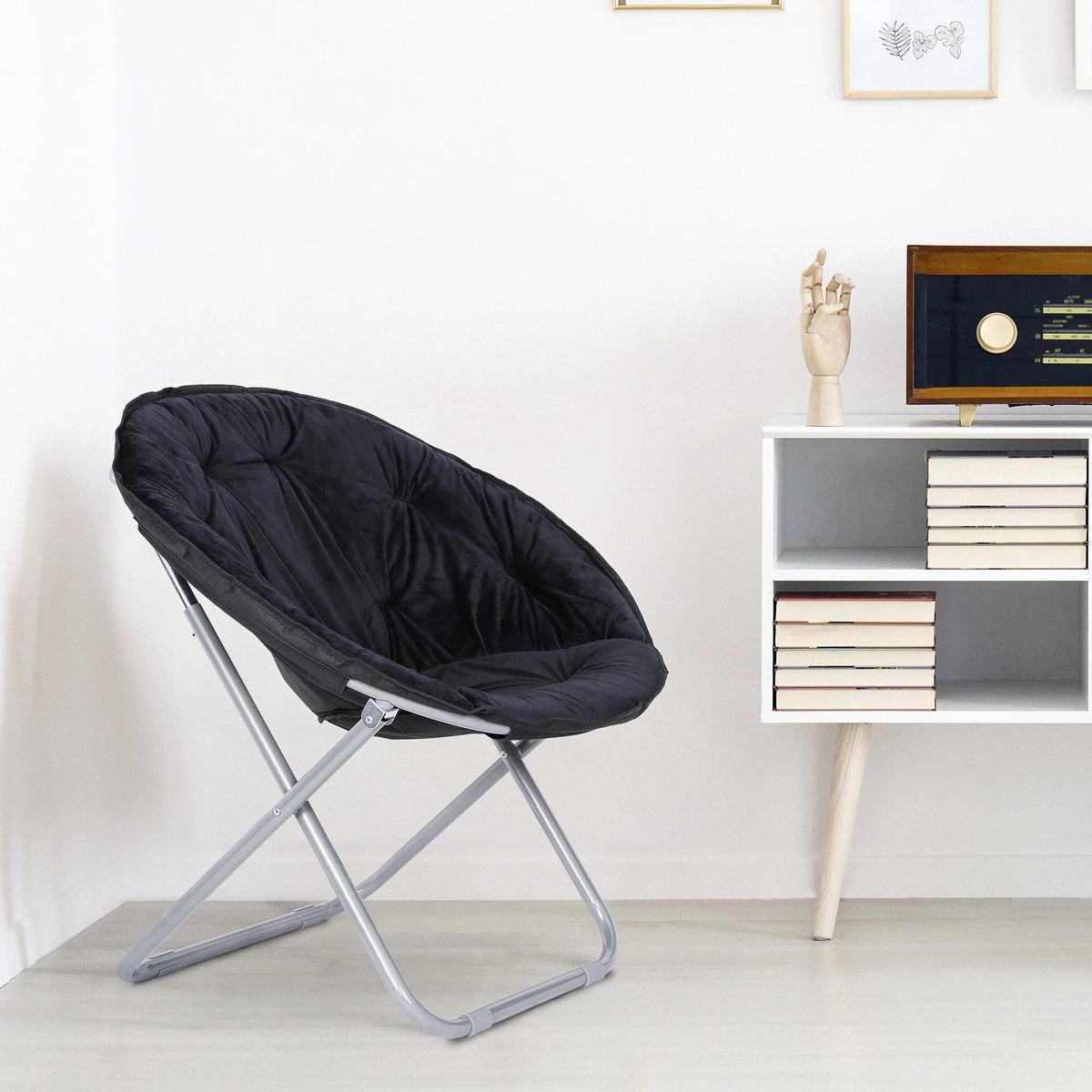 Foldable Faux Fur Saucer Chair Black K14646
