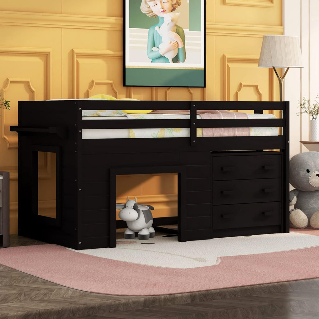 White Twin Loft Bed with Slide and Storage K785682
