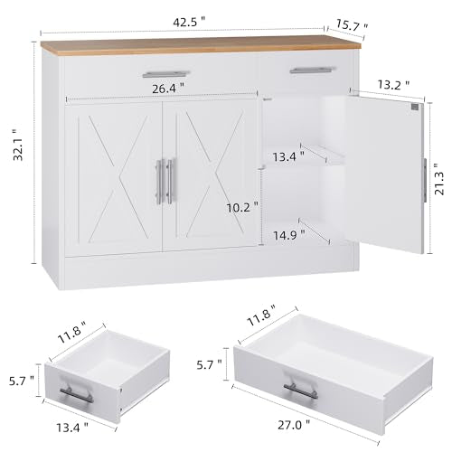 White 3 Door Wood Sideboard Buffet Cabinet with Adjustable Shelf V998196