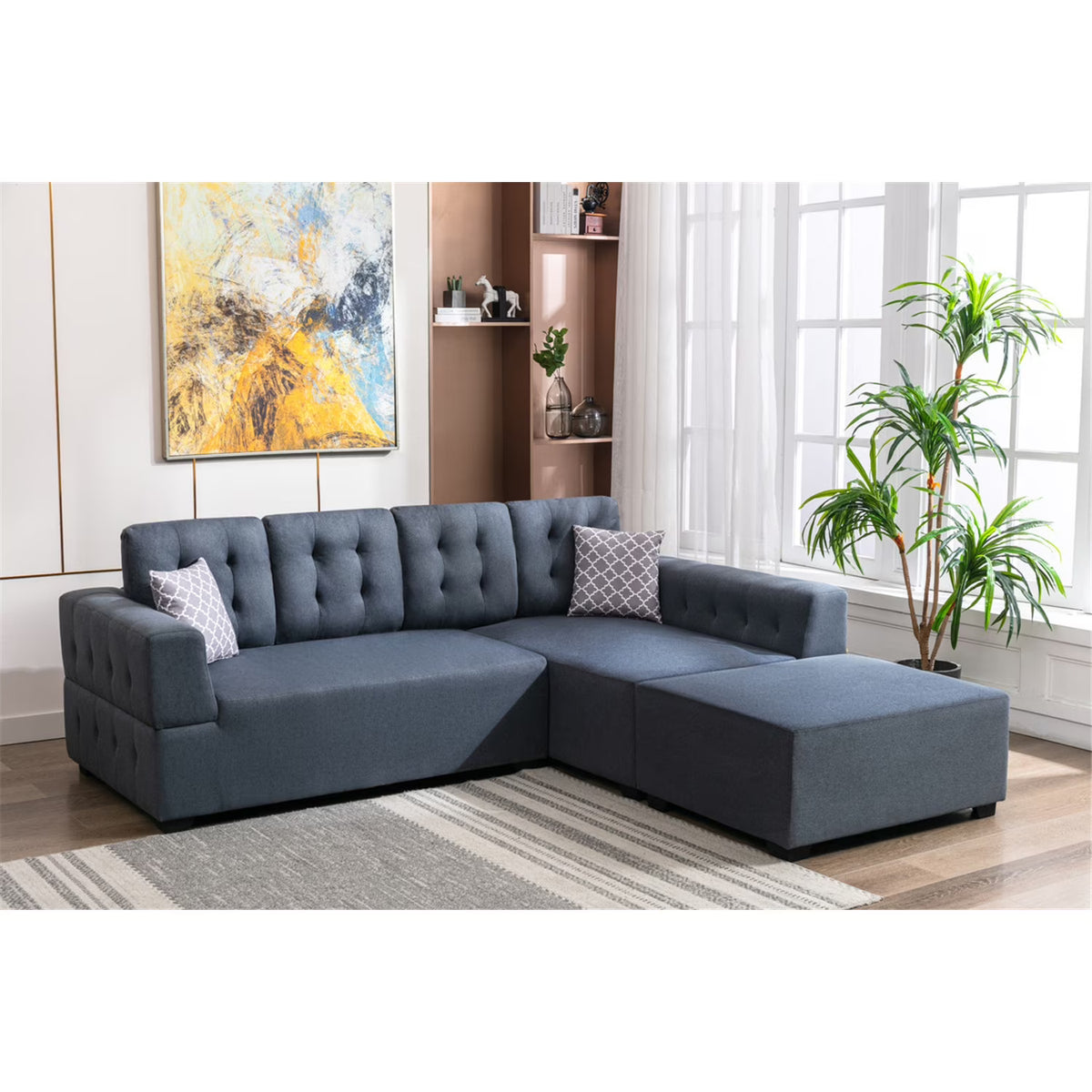 Dark Gray Linen Fabric Sectional Sofa with Ottoman and Pillows U1971