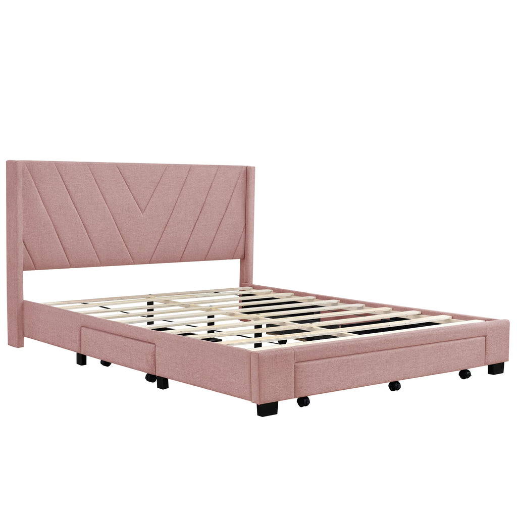 Queen Size Pink Linen Upholstered Platform Bed with 3 Storage Drawers K842