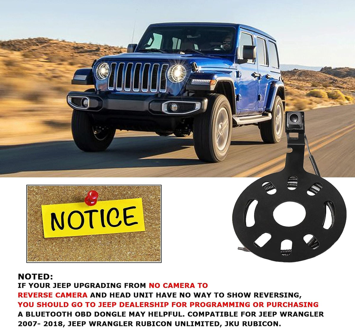 Spare Tire Rear View Backup Camera for Jeep Wrangler JK 2007-2018, Waterproof with Factory Radio RCA Adapter U4884