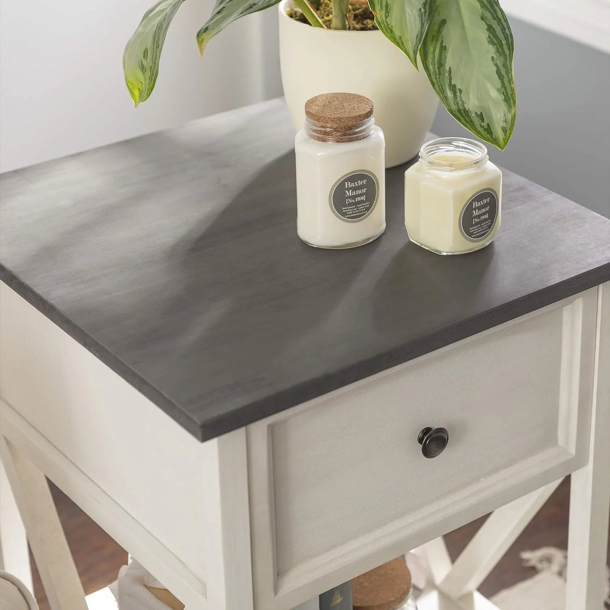 1 Drawer Wood Square Side Table, 19 Inch, Grey And White K26996