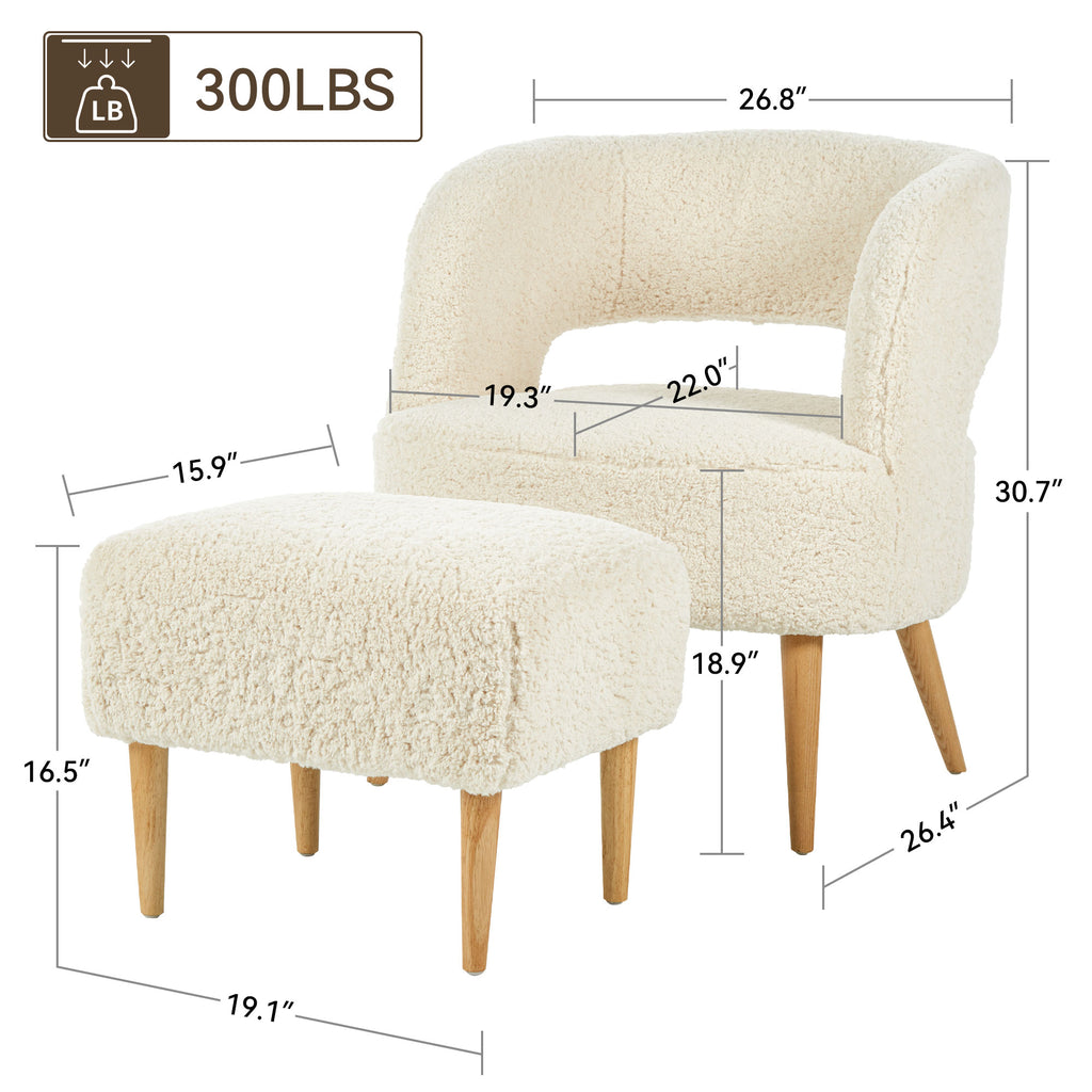 Beige Teddy Fleece Accent Chair with Ottoman and Wooden Legs G213615