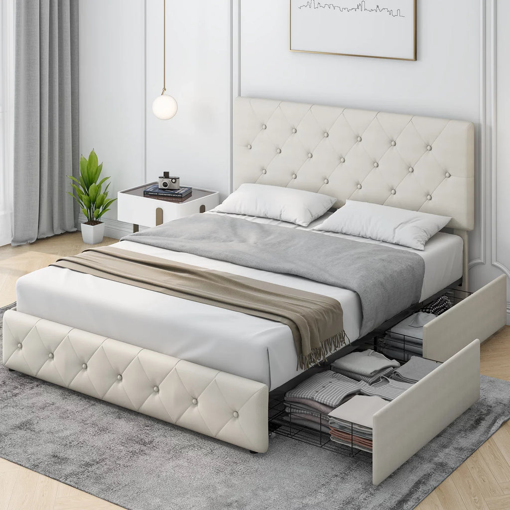 Queen Size 4 Drawer Upholstered Platform Bed with Adjustable Headboard M717