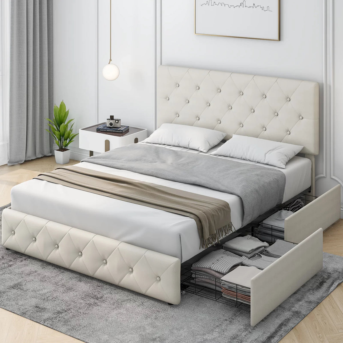 Queen Size 4 Drawer Upholstered Platform Bed with Adjustable Headboard M717
