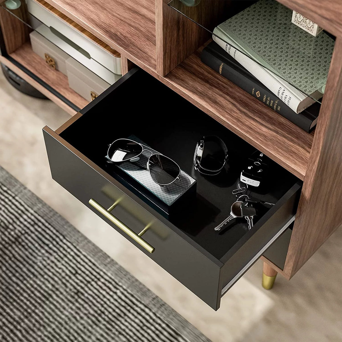 47 Inch Walnut Black Kitchen Sideboard Buffet Storage Cabinet with Wine Rack O22053