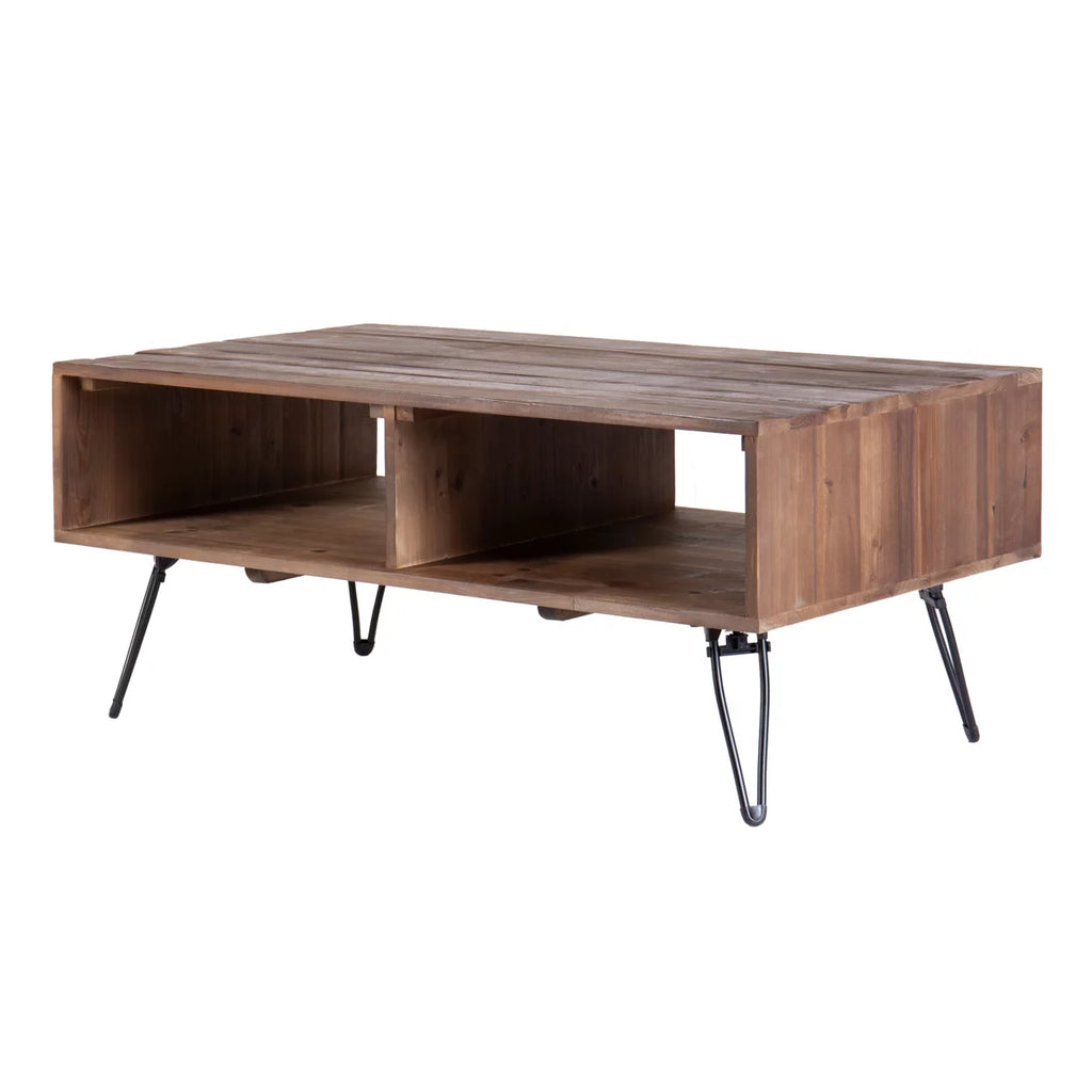 42 Inch Reclaimed Wood Coffee Table with Storage, Iron Legs, Natural Brown L948833