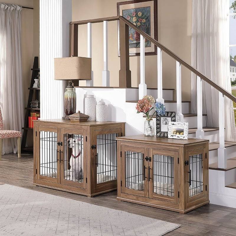 Wooden End Table with Wire Dog Kennel in Weathered Gray, Medium I192