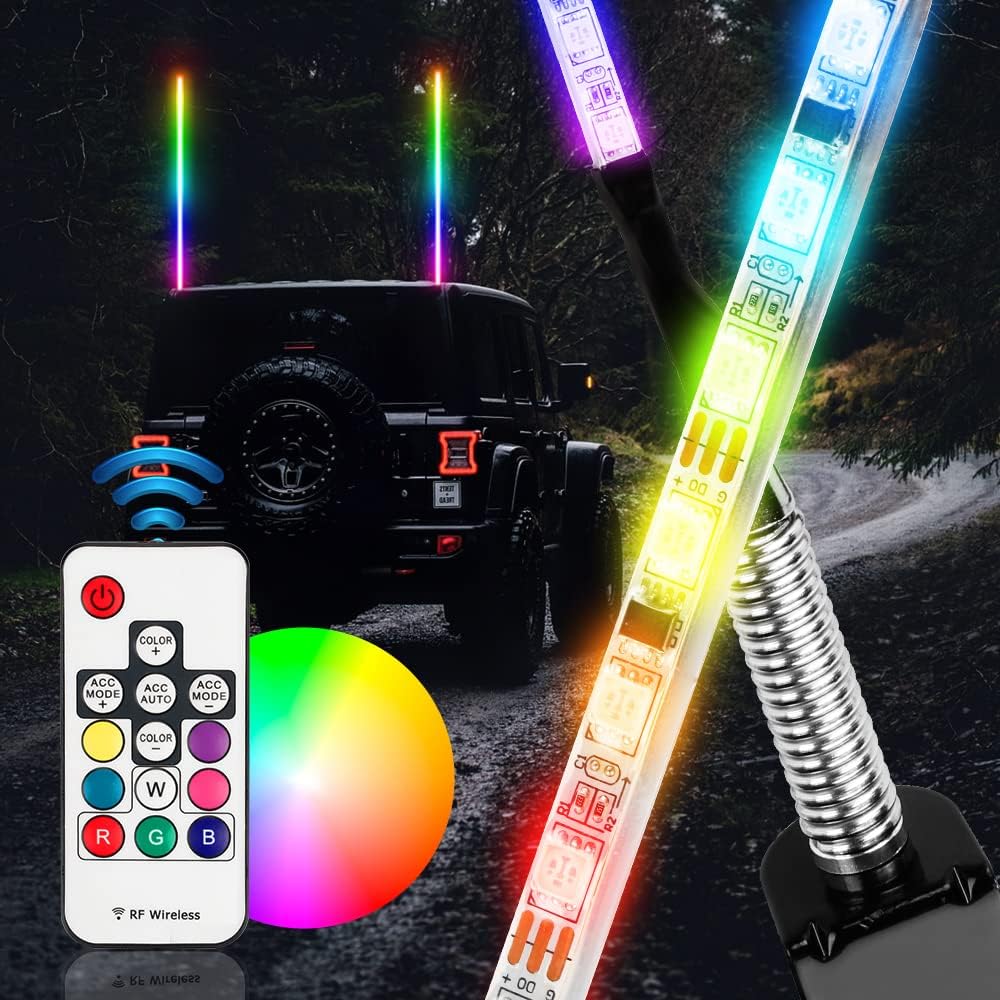 2pcs LED Whip Lights Waterproof 5050 RGB Antenna Whips with RF Wireless Remote Control 3.7ft G4675