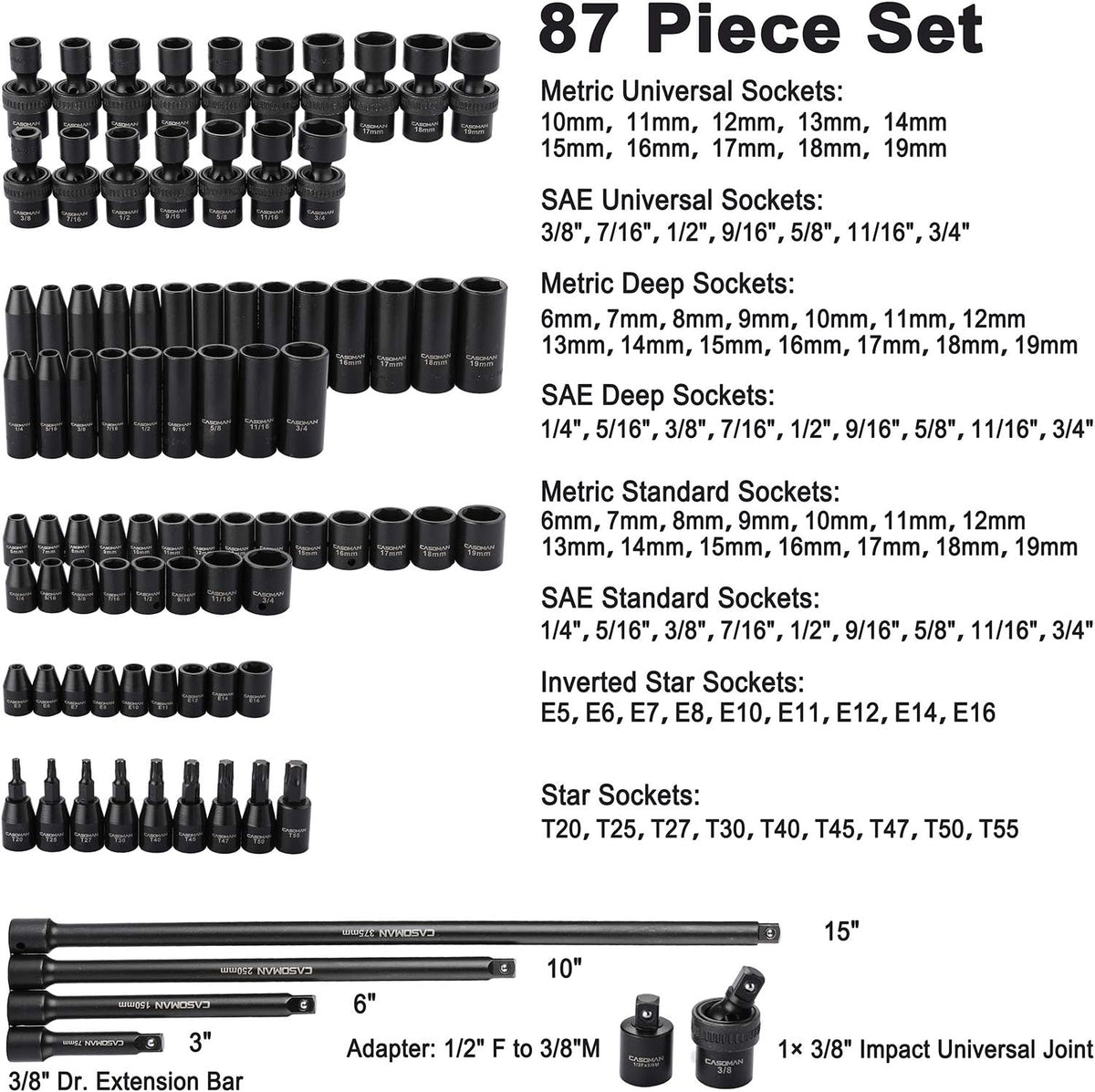 87 Pcs 3/8 Drive Impact Socket Set SAE & Metric CR-MO Steel R4279
