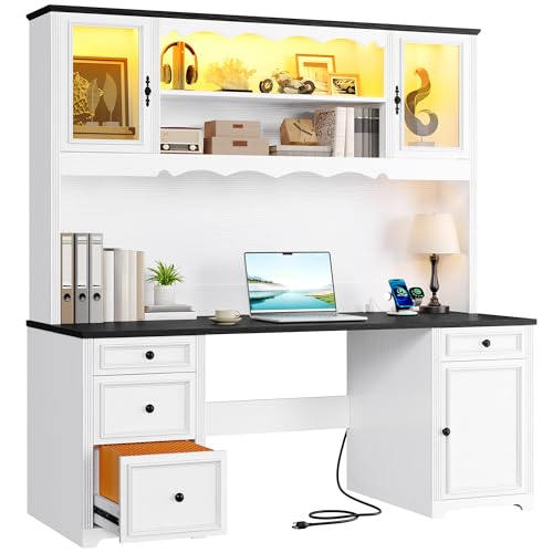 White & Black Executive Desk with Hutch and Drawers, Power Outlet & LED Lights, Storage Shelves, Storage Cabinet with Glass Door X623654