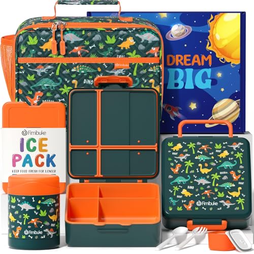 Kids Bento Snack Lunch Box with 4 Compartment, Insulated Lunch Bag, Stainless Steel Vacuum Thermos Food Jar, Ice Pack, Utensils Set L815744