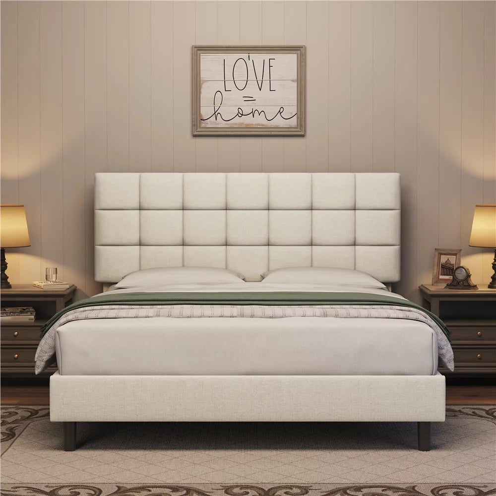 Queen Size Beige Upholstered Platform Bed Q29114