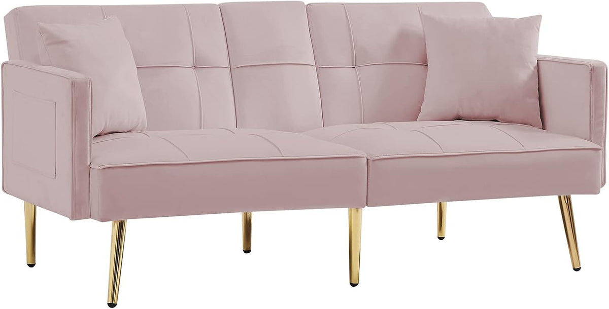 Pink Velvet Convertible Futon Loveseat Sofa Bed with 2 Cup Holders F77666