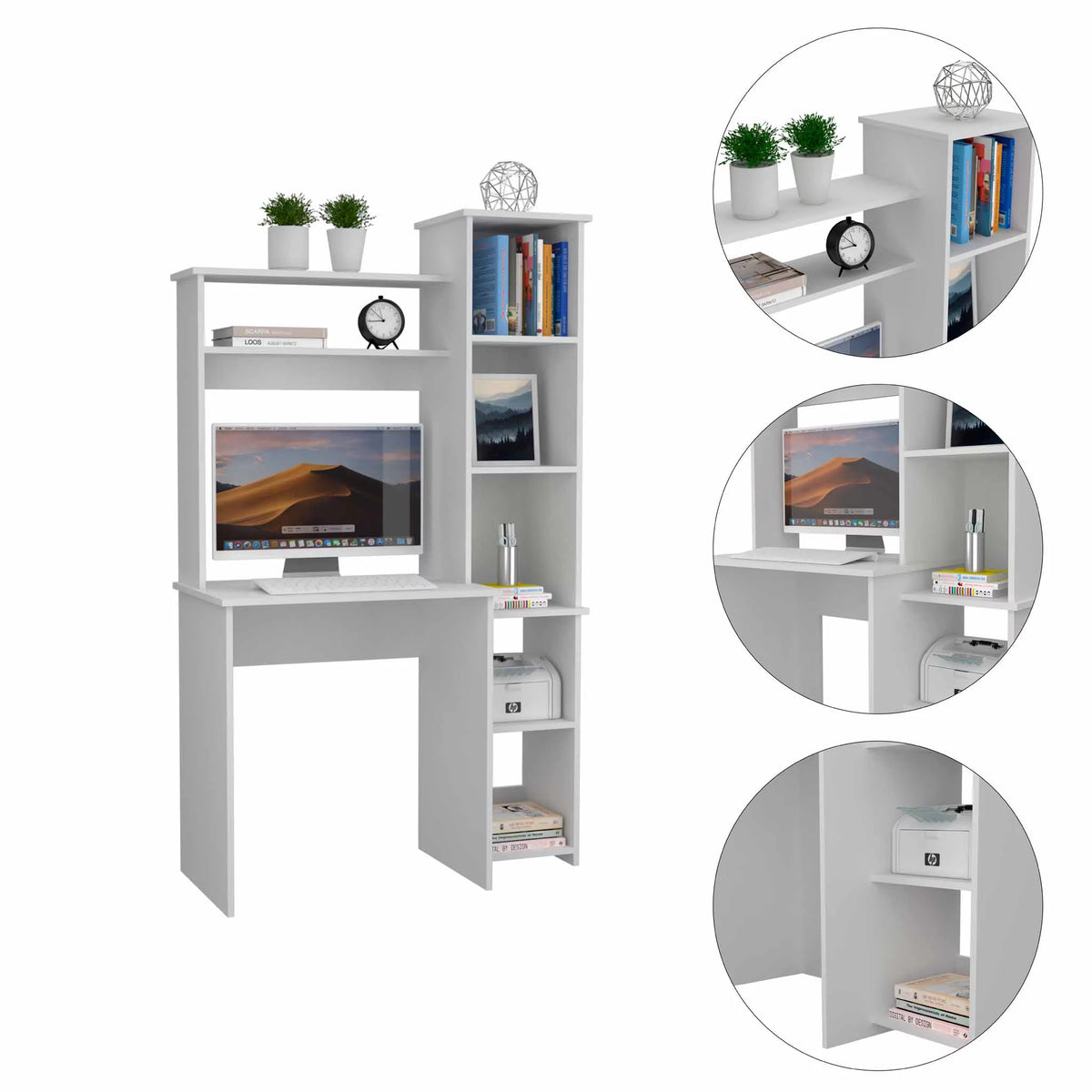 6-Shelf White Writing Desk with Bookcase I1265