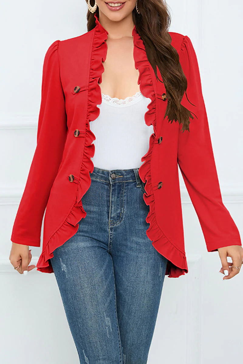 Solid Buckle Flounce Lotus Leaf Collar Outerwear L56691
