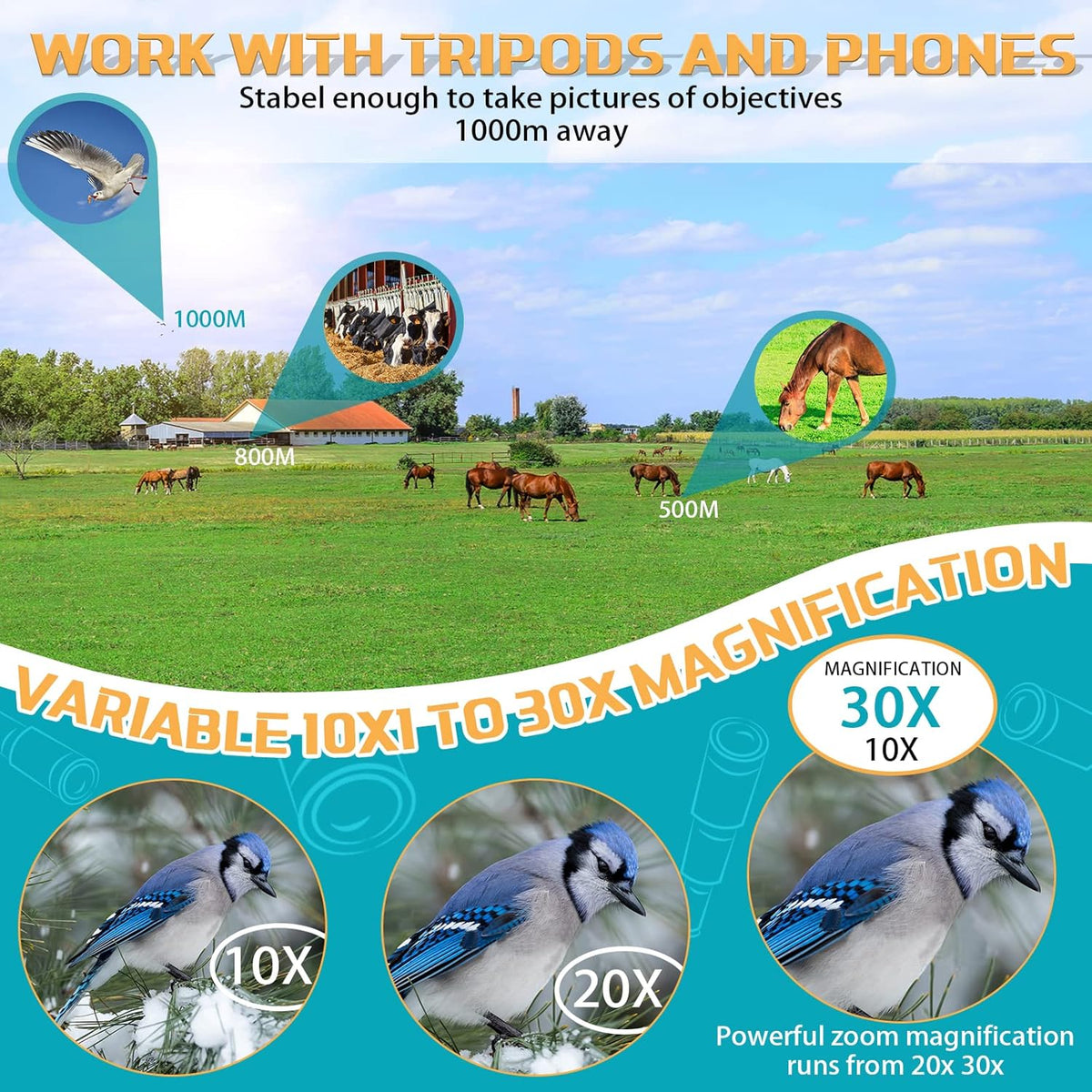 30x50 HD Waterproof Monocular with Smartphone Adapter Tripod BAK4 Prism FMC C772074