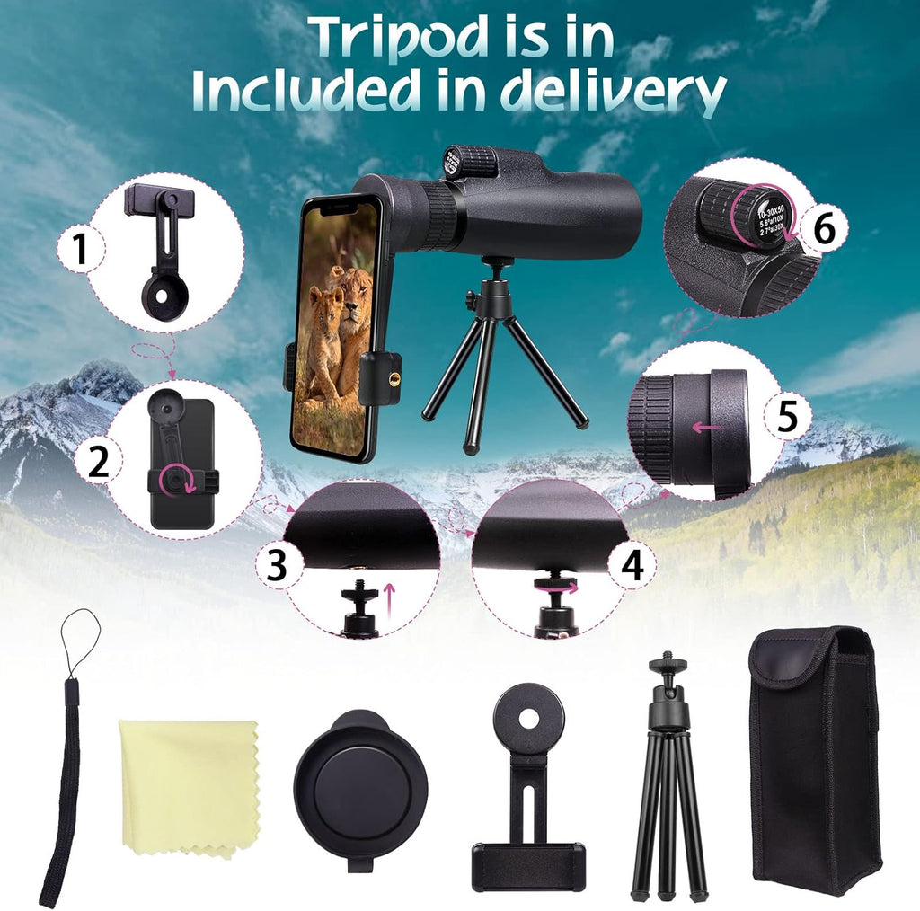 30x50 HD Waterproof Monocular with Smartphone Adapter Tripod BAK4 Prism FMC C772074