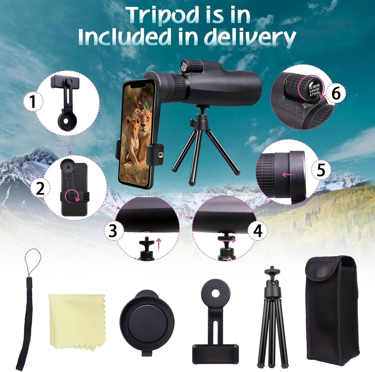 30x50 HD Waterproof Monocular with Smartphone Adapter Tripod BAK4 Prism FMC C772074
