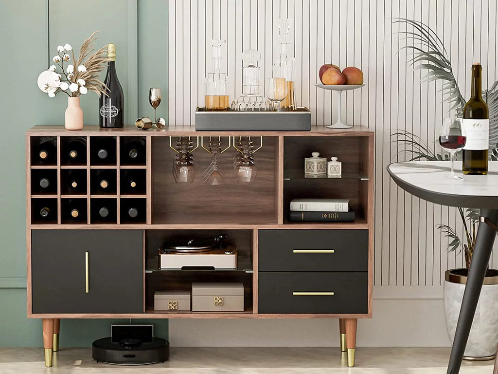 47 Inch Walnut Black Kitchen Sideboard Buffet Storage Cabinet with Wine Rack O22053