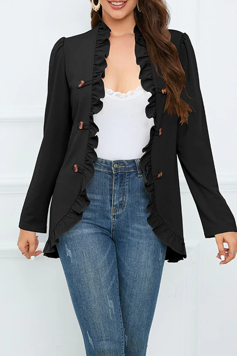 Solid Buckle Flounce Lotus Leaf Collar Outerwear L56691