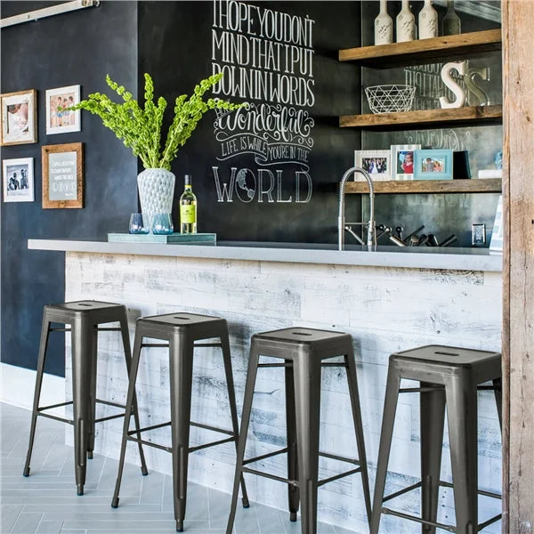 Set of 4 Gunmetal Gray Metal Bar Height Stools S180