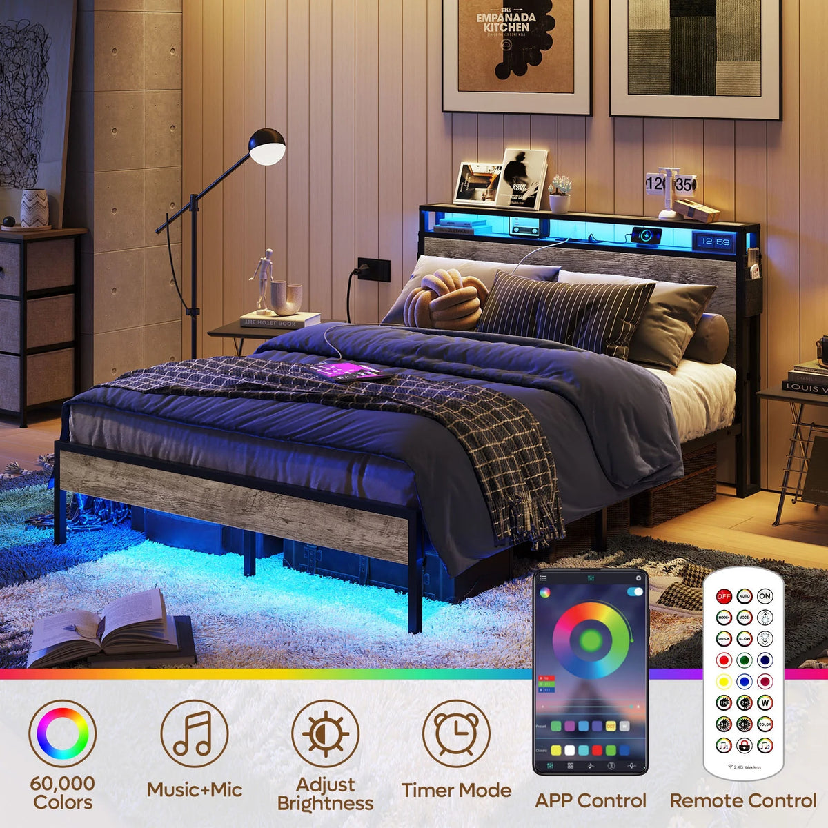 Queen Size Grey Platform Bed with Storage Headboard G95528