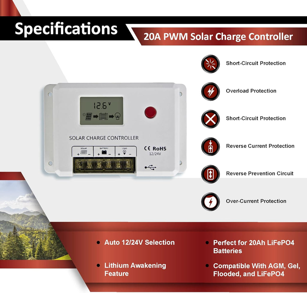 200W 12V Mono Rigid Solar Panel Kit with 20A PWM Charge Controller X256