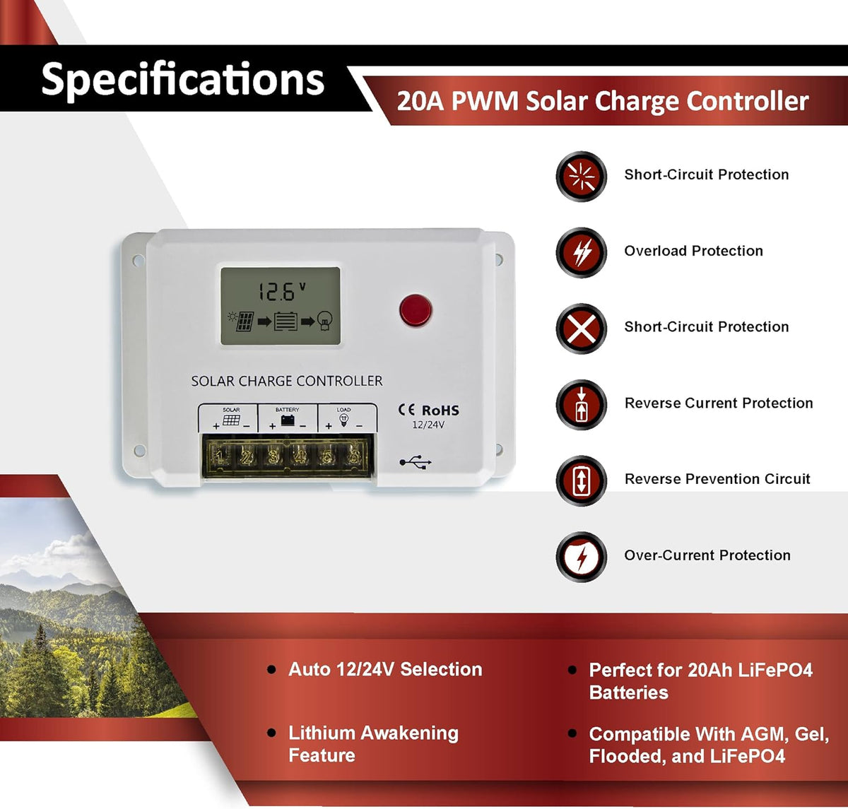 200W 12V Mono Rigid Solar Panel Kit with 20A PWM Charge Controller X256