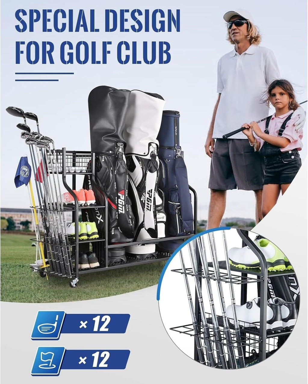 3 Full Size Golf Bags Storage Rack T1555