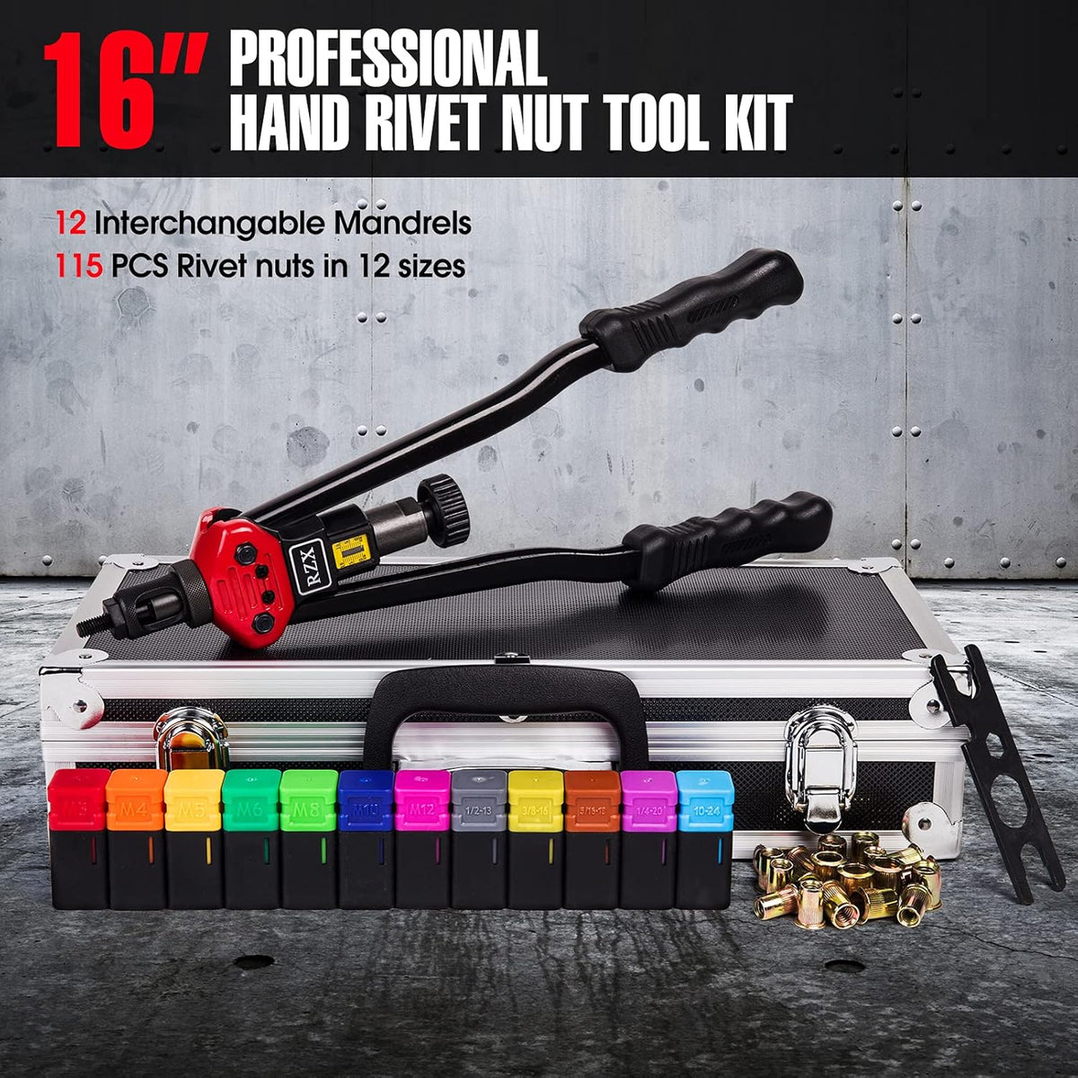 16" Hand Blind Riveter with 115PCS Rivets Nuts with Aluminum Carrying Case I741
