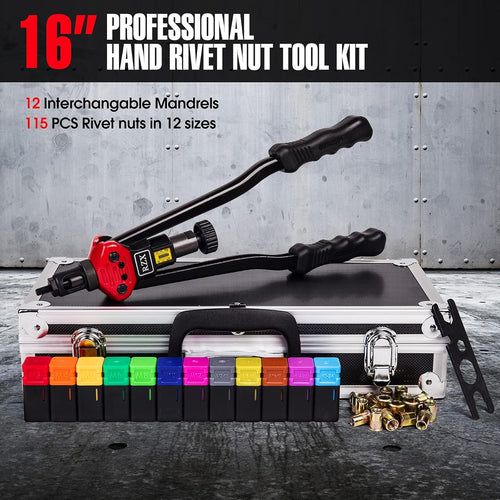 16" Hand Blind Riveter with 115PCS Rivets Nuts with Aluminum Carrying Case I741
