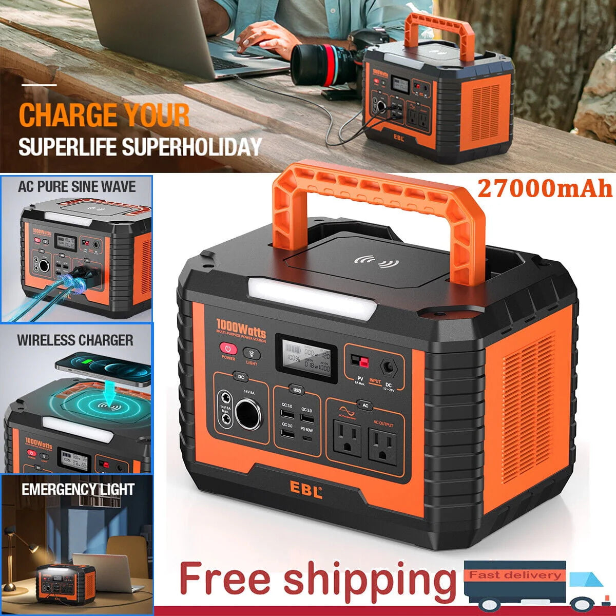 Portable Power Station 1000W Solar Generator 270000mAh Waterproof D622594