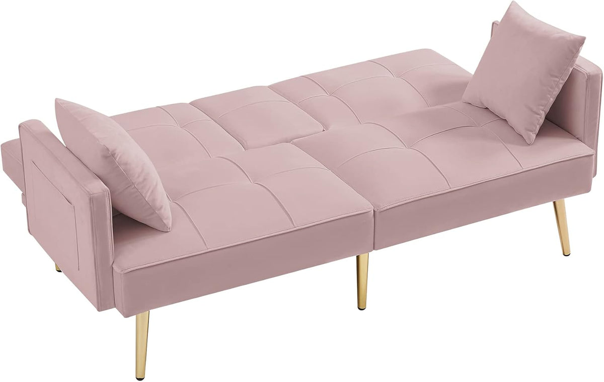 Pink Velvet Convertible Futon Loveseat Sofa Bed with 2 Cup Holders F77666