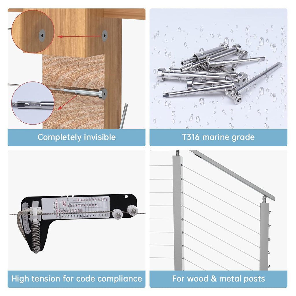 10 Pair Invisible Cable Railing Kit 1/8 Swage Tensioner and Terminal T316 Stainless Steel A246421