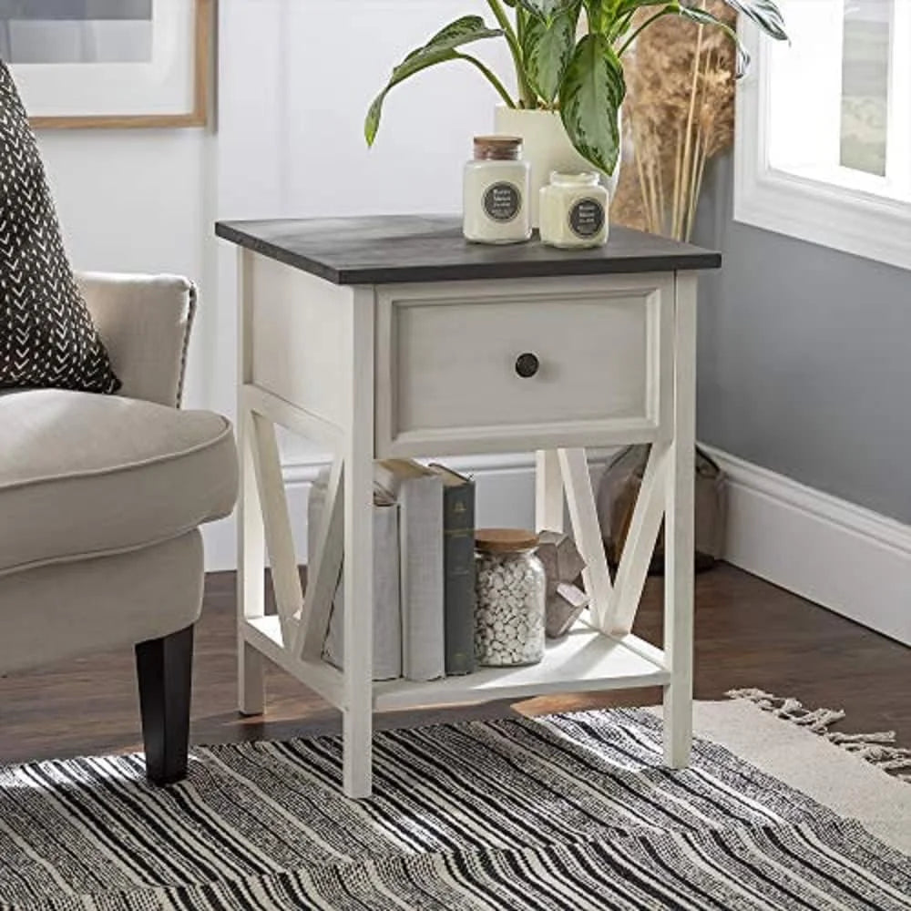 1 Drawer Wood Square Side Table, 19 Inch, Grey And White K26996