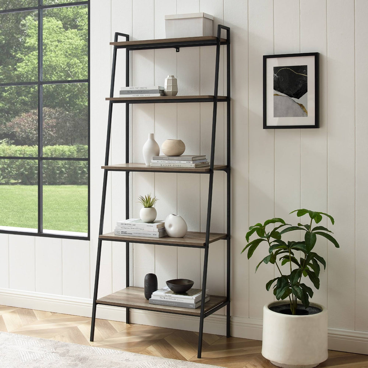 72-Inch Open Ladder Bookshelf Grey Wash X4206