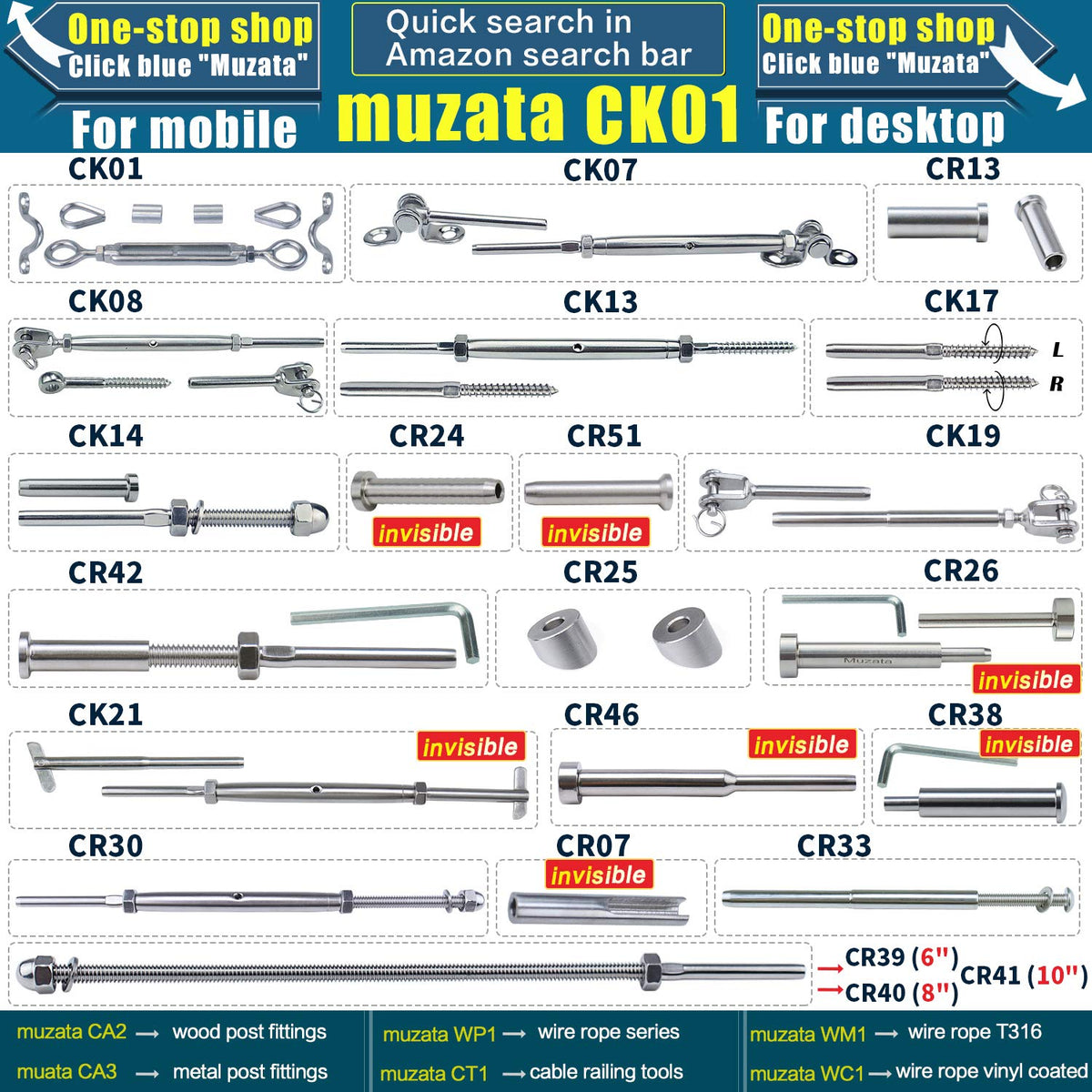 10 Pair Invisible Cable Railing Kit 1/8 Swage Tensioner and Terminal T316 Stainless Steel A246421