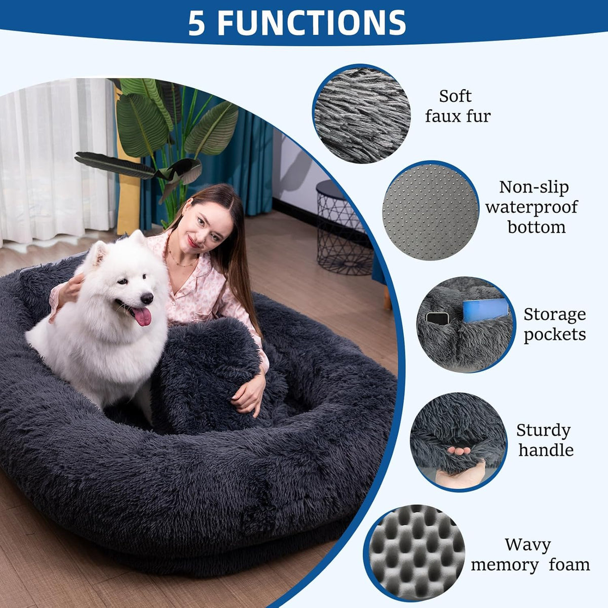 75"x48"x14" Dark Grey Faux Fur Human Size Dog Bed V742