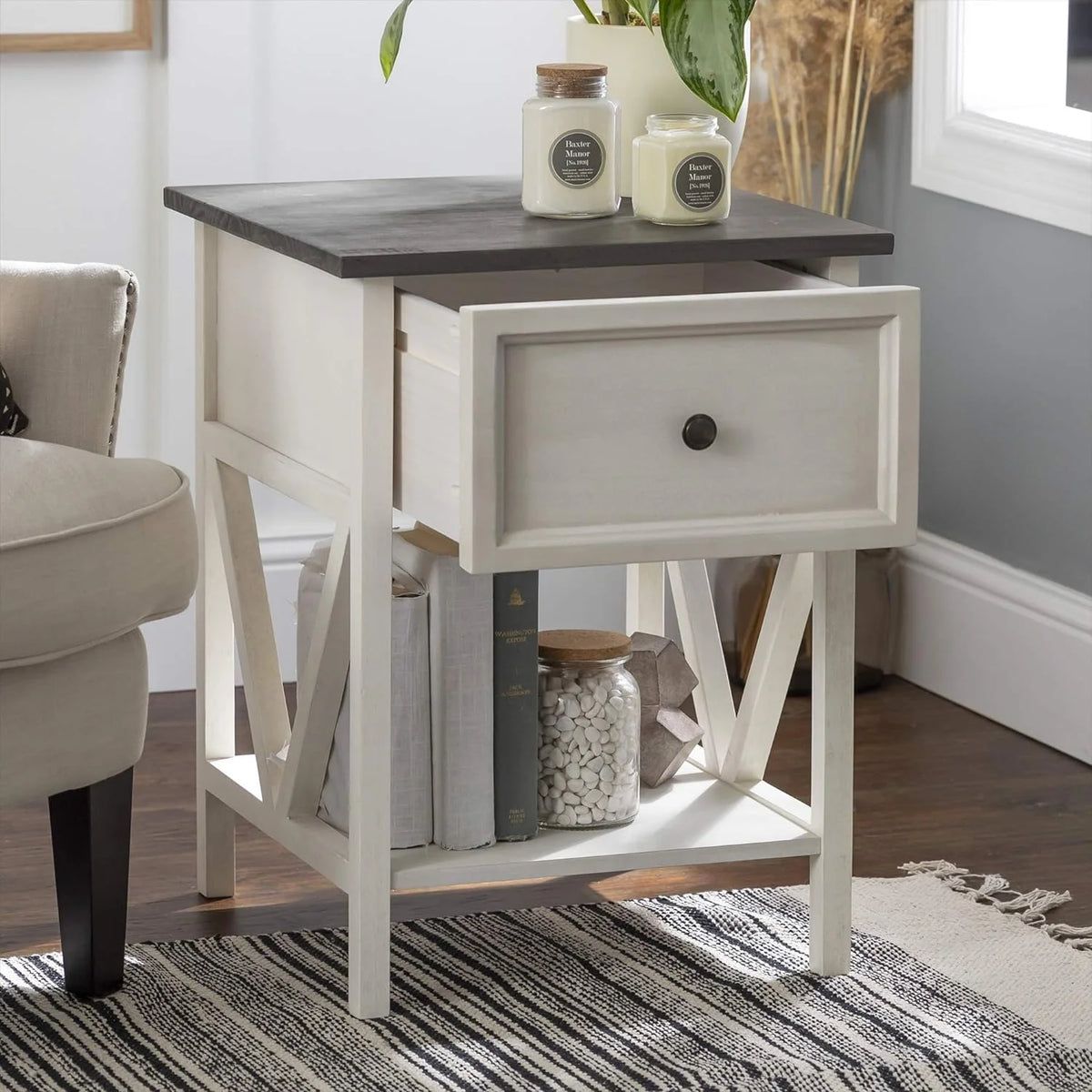 1 Drawer Wood Square Side Table, 19 Inch, Grey And White K26996
