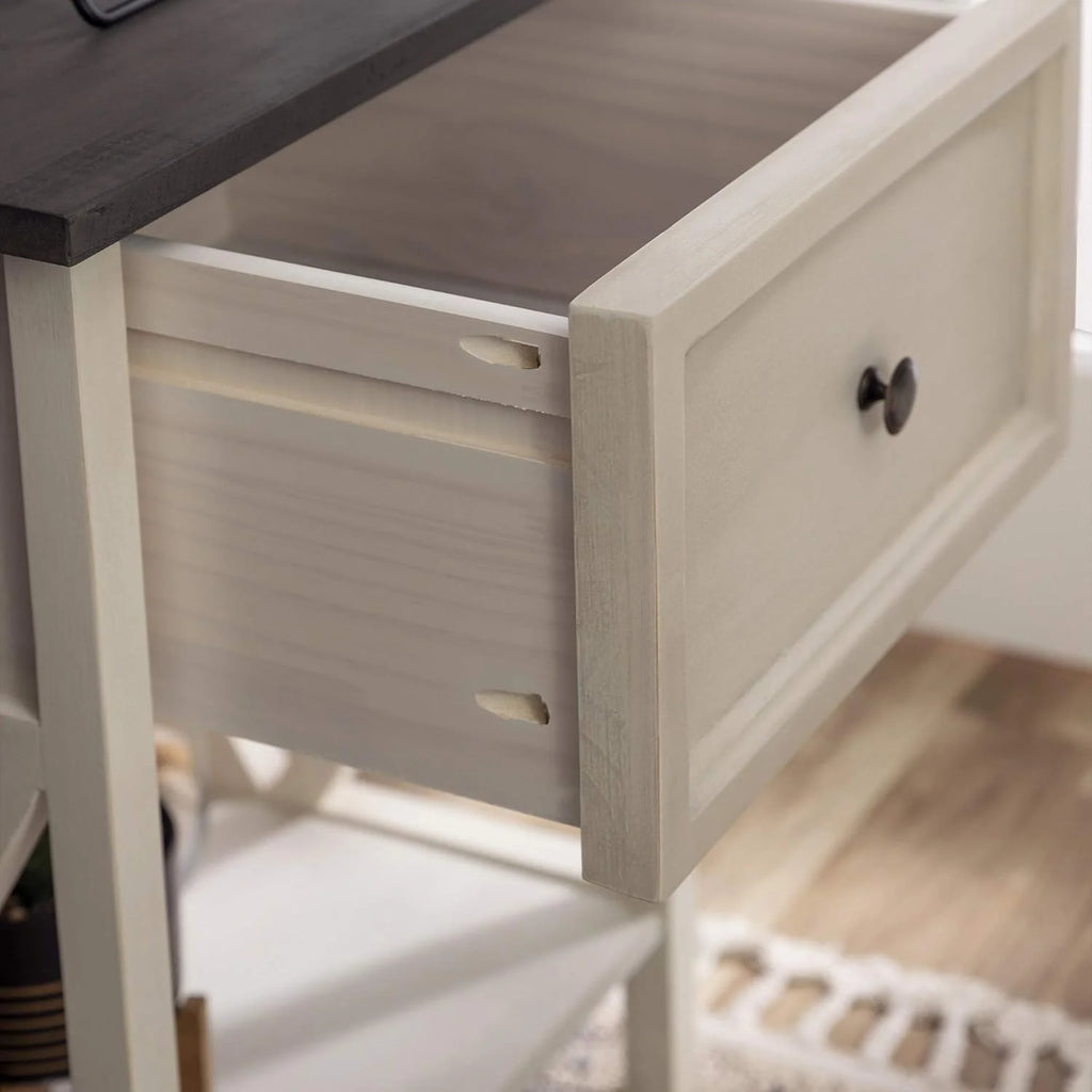 1 Drawer Wood Square Side Table, 19 Inch, Grey And White K26996