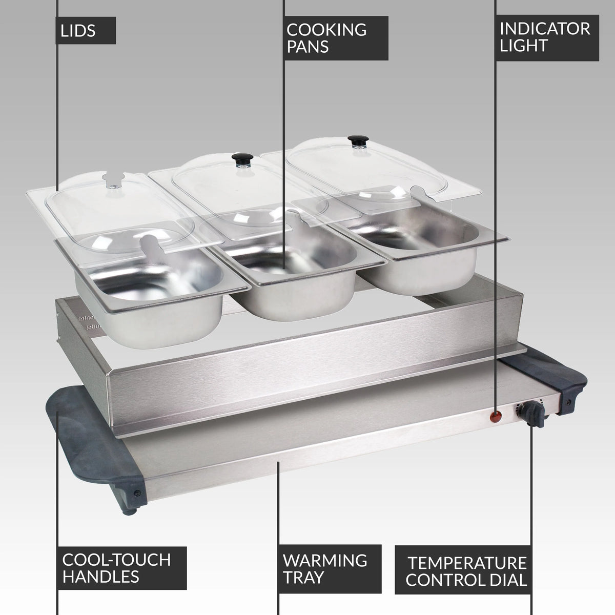 3-Station 1.5-Quart Stainless Steel Buffet Server & Warming Tray V6865