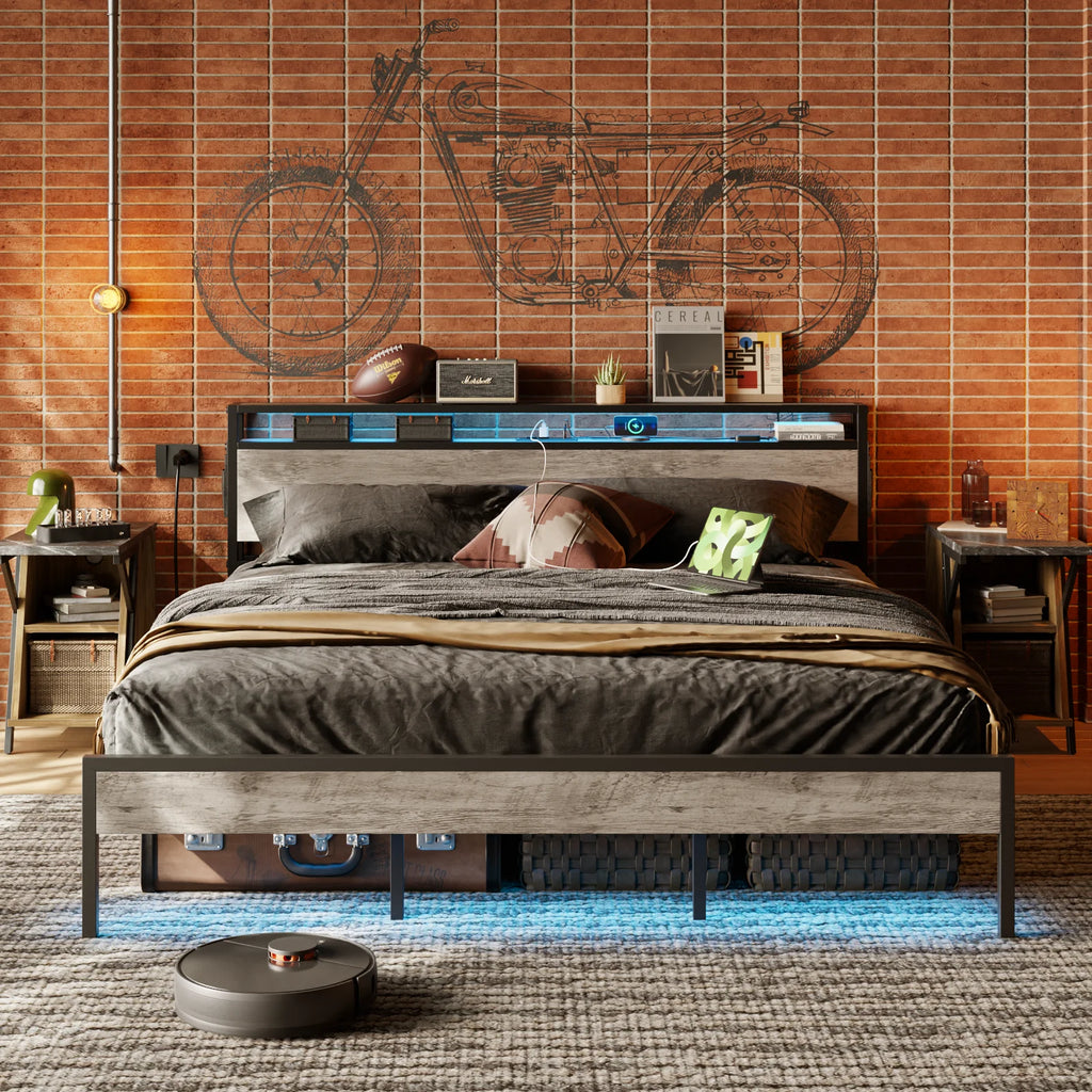 Queen Size Grey Platform Bed with Storage Headboard G95528