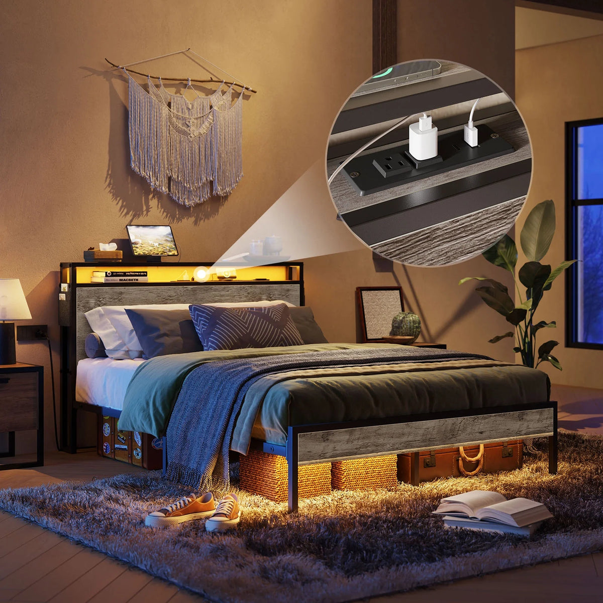 Queen Size Grey Platform Bed with Storage Headboard G95528