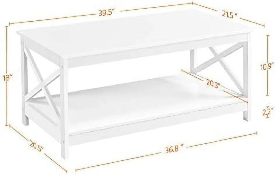 White 2-Tier Wood Coffee Table 39.5 x 21.5 x 18 Inches I8965