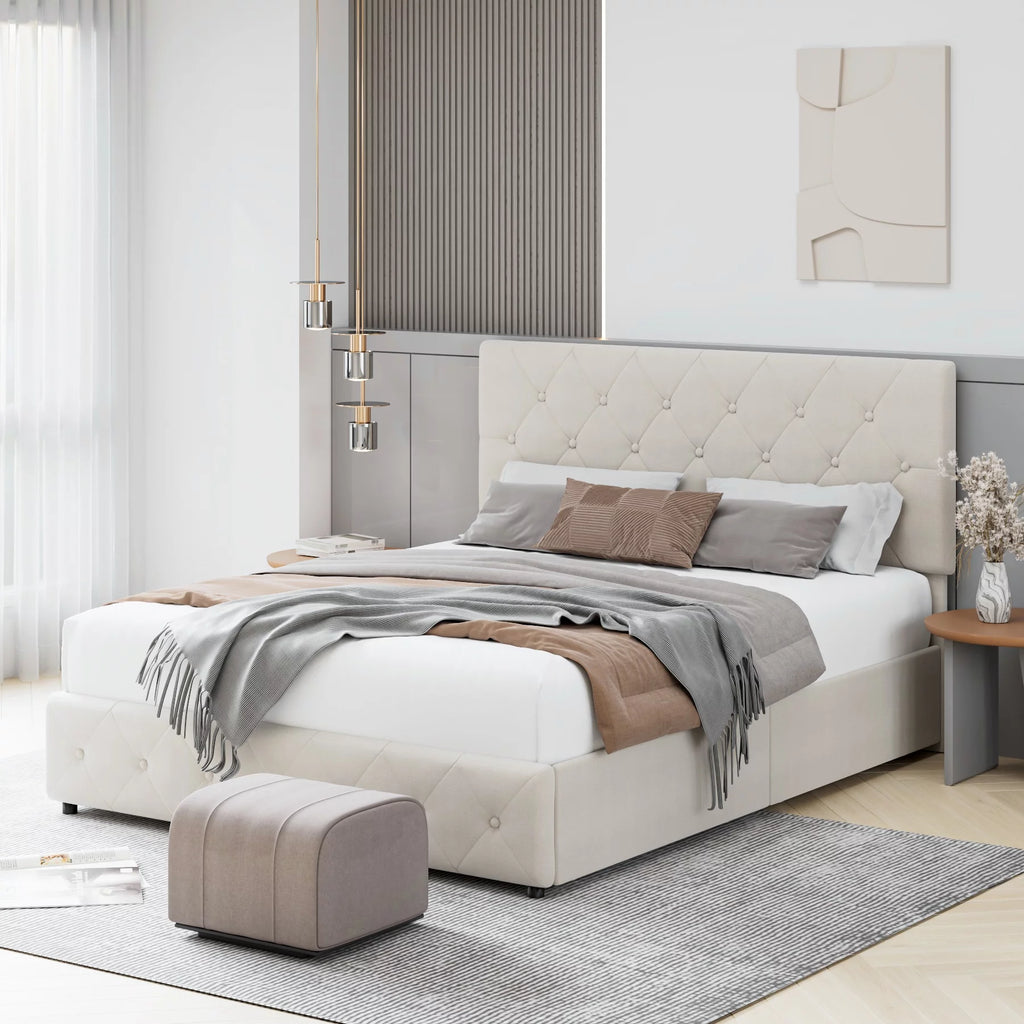 Queen Size 4 Drawer Upholstered Platform Bed with Adjustable Headboard M717