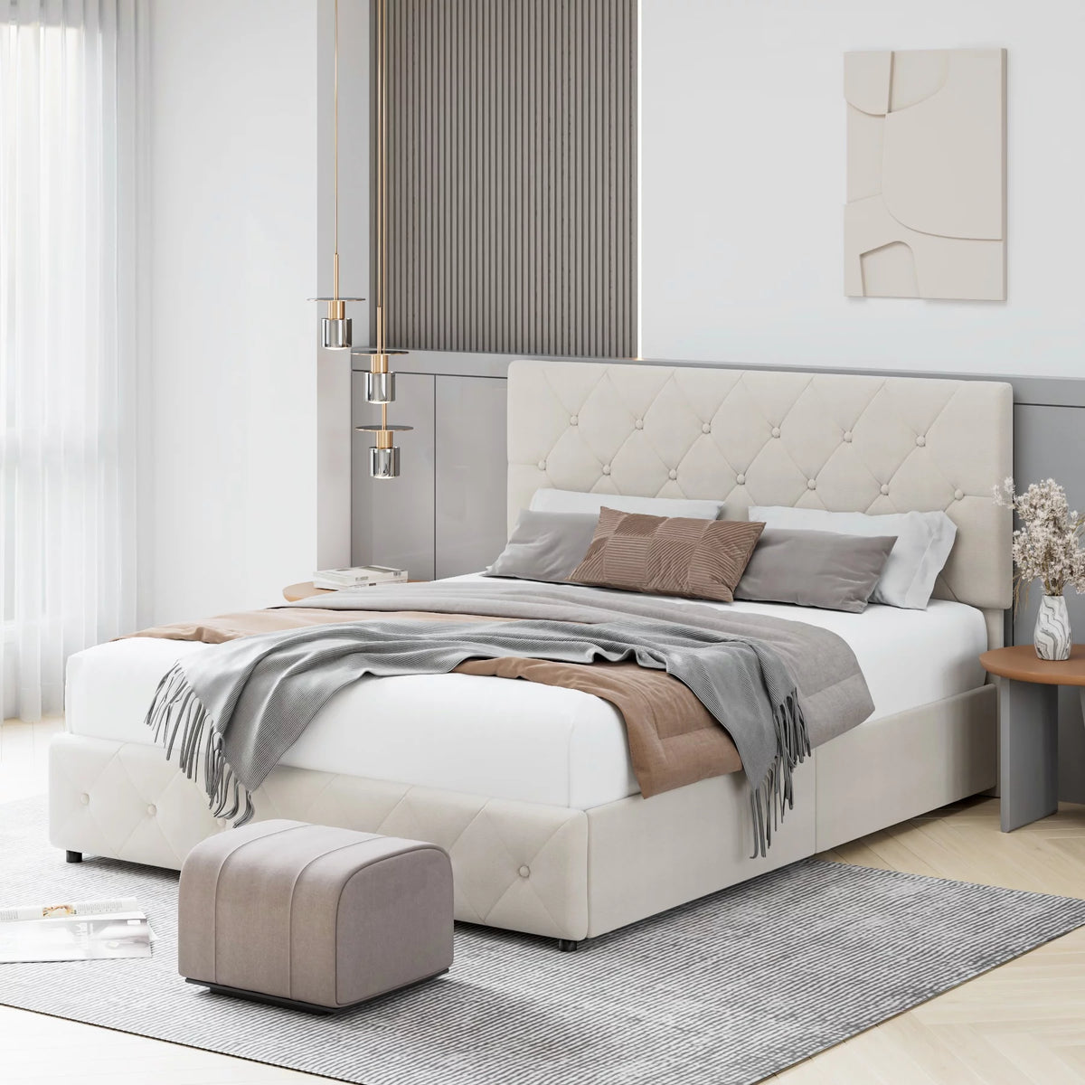 Queen Size 4 Drawer Upholstered Platform Bed with Adjustable Headboard M717