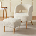 Beige Teddy Fleece Accent Chair with Ottoman and Wooden Legs G213615