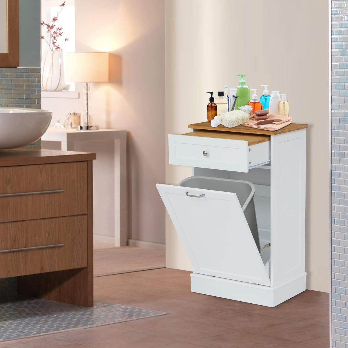 White Wooden Tilt Out Trash Cabinet with Hideaway Drawer and Removable Bamboo Cutting Board F5623